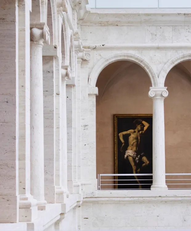 Harvard Fogg Museum restoration featuring Navona travertine arches in the historic Calderwood Courtyard
